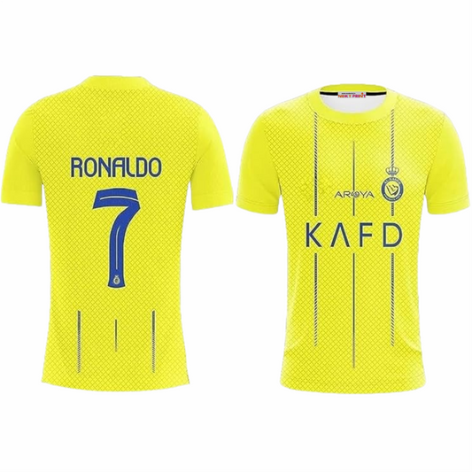 Front and back view of a neon yellow performance football jersey with subtle geometric texture, blue pinstripes, and customizable name and number, ideal for soccer teams, training, and match-day wear.