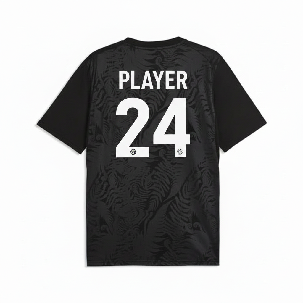 Back view of New Zealand 2026 black football fan jersey with tonal abstract tribal pattern design