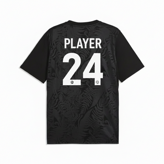 Back view of New Zealand 2026 black football fan jersey with tonal abstract tribal pattern design