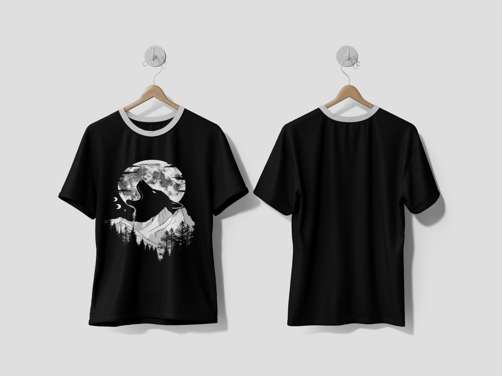 NEXT PRINT A black and white flat illustration of a howling wolf with full moon and forest on mountains design t-shirt - Next Print