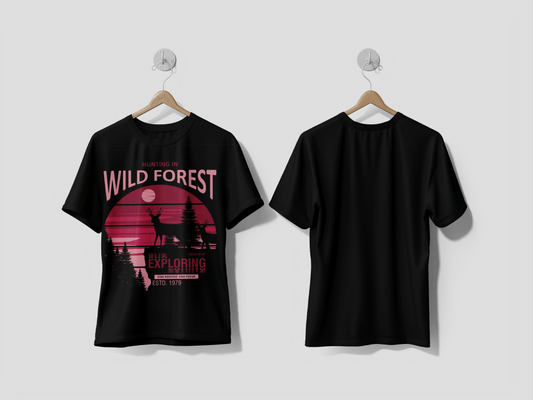 Next Print A black and white poster that says hunting in wild forest and deer silhouette vector Printed T-shirt - Next Print