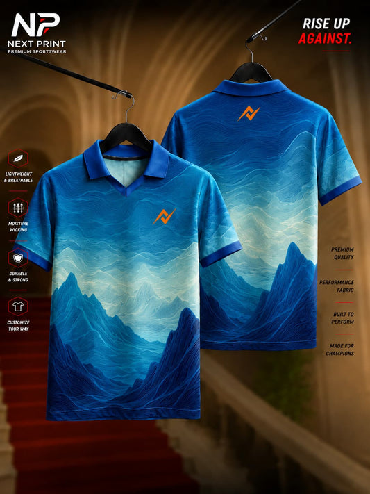Next Print Alpine Wave Blue Polo Collar V-Neck Dry-Fit Sports Jersey with Mountain Landscape Pattern Front and Back View