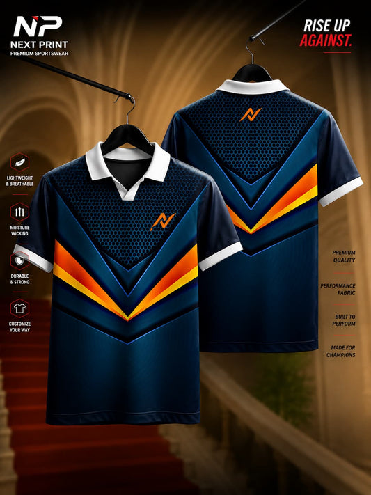 Next Print Apex Chevron Performance Polo Collar Sports Jersey featuring a navy blue honeycomb pattern with bold orange and yellow chevron graphics, front and back view.
