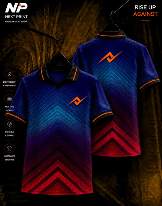 Premium blue to red gradient sublimation polo jersey with geometric chevron pattern and Next Print logo shown in front and back views.