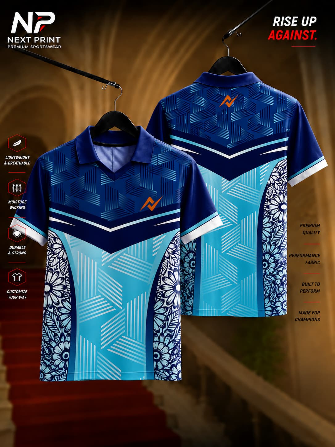 Aqua blue and navy blue polo collar cricket jersey with geometric graphics and floral side panels in premium dry-fit fabric, front and back view.