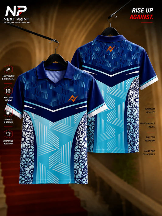 Aqua blue and navy blue polo collar cricket jersey with geometric graphics and floral side panels in premium dry-fit fabric, front and back view.