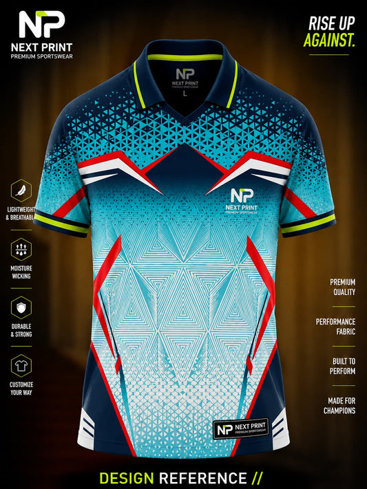 Front view of Next Print aqua blue geometric performance polo cricket jersey featuring triangle patterns, navy shoulders, red accents, and premium sublimated sportswear.