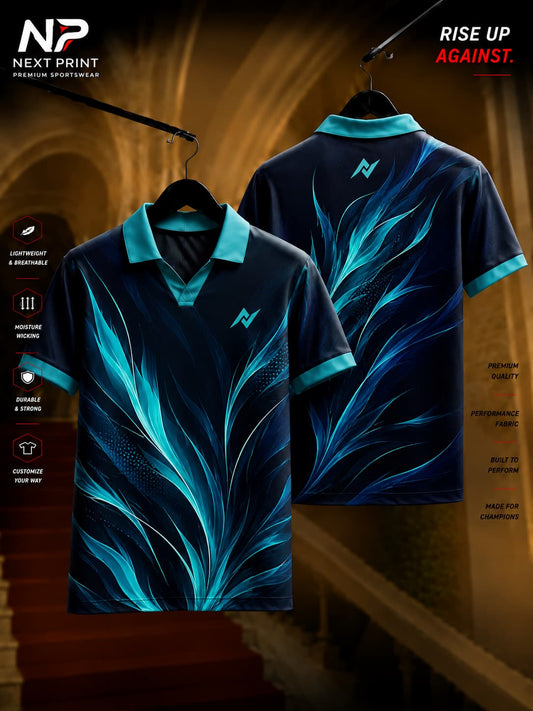 Next Print Aqua Flame polo collar V-neck cricket jersey featuring abstract aqua blue leaf-inspired graphics on a navy blue background with front and back views.