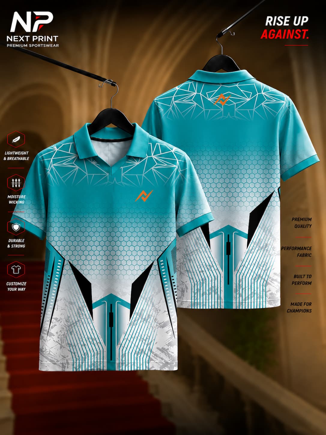 Next Print Aqua Hex Tech Polo Collar V-Neck Dry-Fit Sports Jersey featuring geometric hexagon graphics and performance design, front and back view