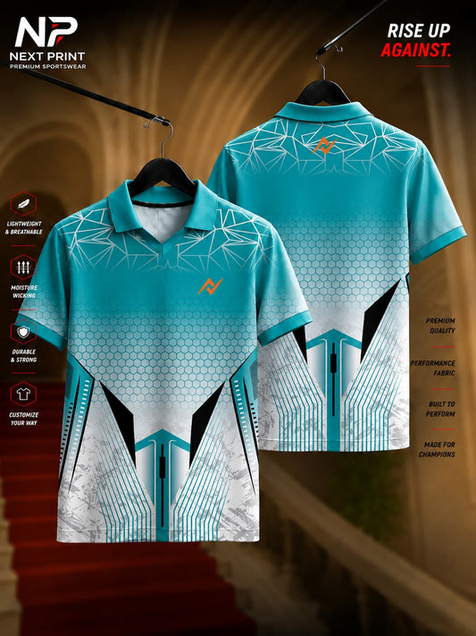Next Print Aqua Hex Tech Polo Collar V-Neck Dry-Fit Sports Jersey featuring geometric hexagon graphics and performance design, front and back view