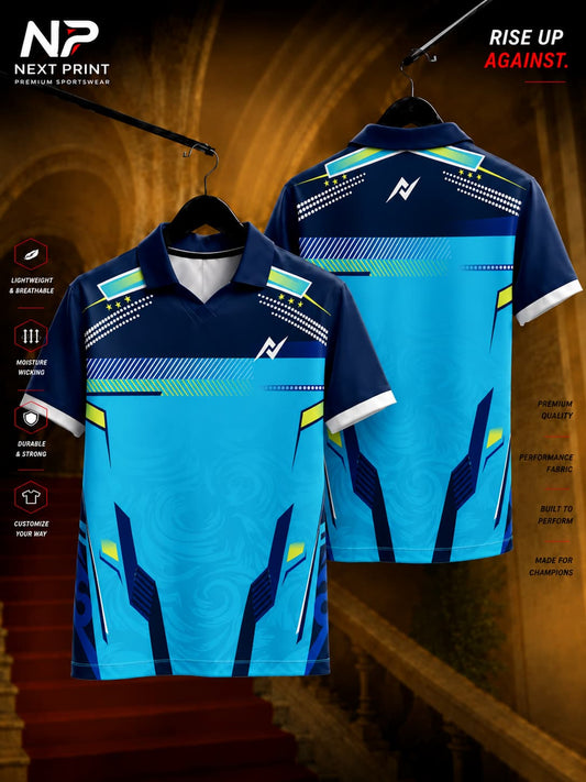 Next Print Aqua Pulse Polo Collar Performance Jersey featuring aqua blue geometric graphics with navy accents shown in front and back views.