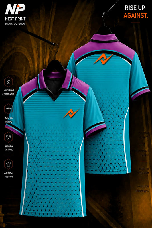 Next Print premium aqua blue and purple sublimation polo jersey front and back mockup with custom logo