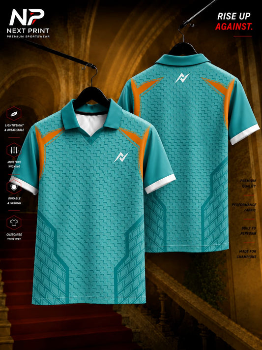 Aqua blue and orange polo collar cricket jersey with geometric textured pattern, front and back view by Next Print.