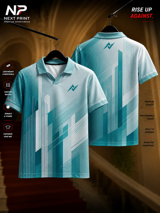 Front and back view of an aqua blue and white polo collar V-neck cricket jersey with modern vertical techline graphics by Next Print.