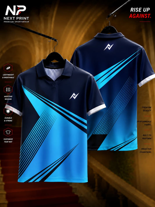 Next Print Aqua Velocity Polo Collar Performance Jersey featuring aqua blue geometric line graphics with front and back views.
