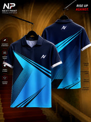 Next Print Aqua Velocity Polo Collar Performance Jersey featuring aqua blue geometric line graphics with front and back views.
