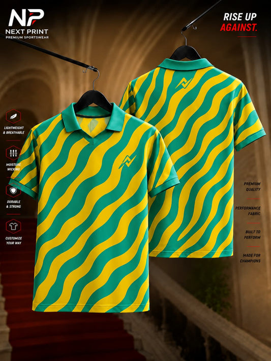 Next Print aqua wave polo collar V-neck dry-fit sports jersey with front and back view in premium performance fabric.