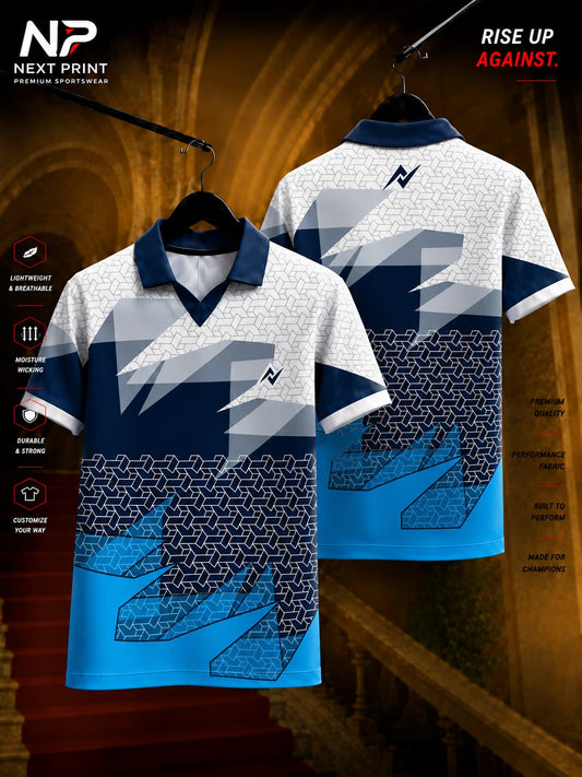 Next Print Arctic Edge Polo Collar Performance Jersey featuring white, navy blue, and aqua geometric graphics with front and back views.