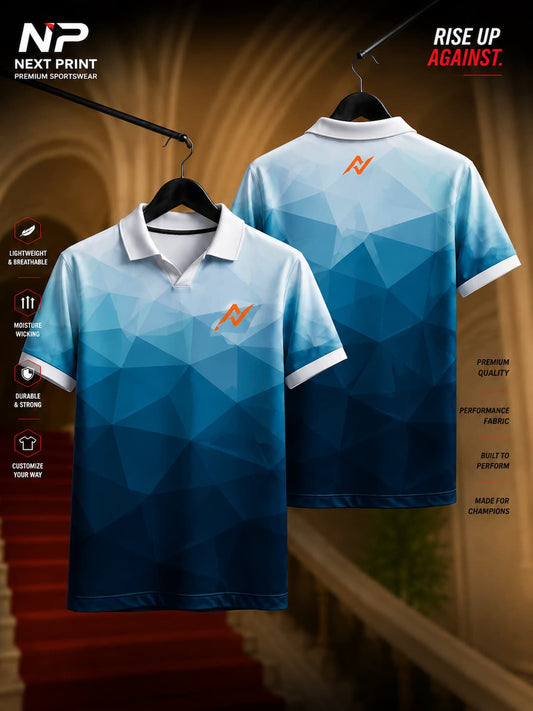 Next Print Arctic Polygon Performance Polo Collar Sports Jersey featuring a blue gradient low-poly geometric design with front and back views.
