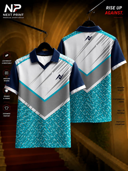 White, grey and aqua polo cricket jersey featuring geometric chevron graphics and premium sublimation print, front and back view.