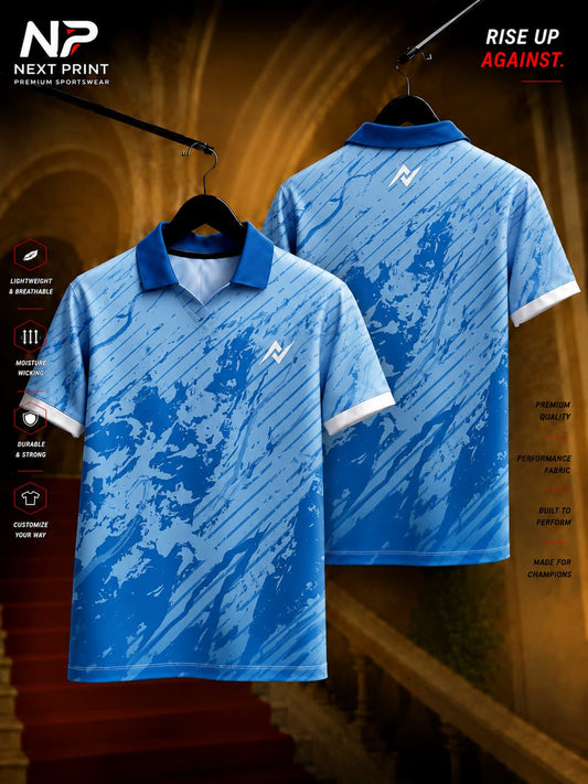 Next Print Arctic Storm Polo Collar Performance Jersey featuring an icy blue abstract brush-stroke pattern with front and back views.