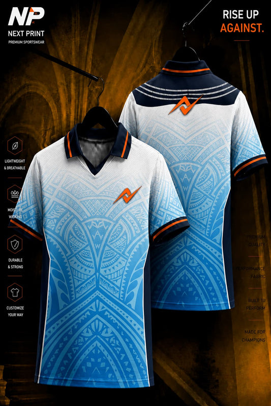 White and sky blue polo cricket jersey featuring intricate tribal geometric patterns with navy collar, shown in front and back views.