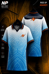 White and sky blue polo cricket jersey featuring intricate tribal geometric patterns with navy collar, shown in front and back views.