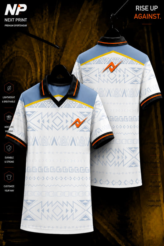 Front and back view of Next Print Arctic Tribal White Blue Premium Custom Polo Jersey with geometric tribal pattern and gold accent.