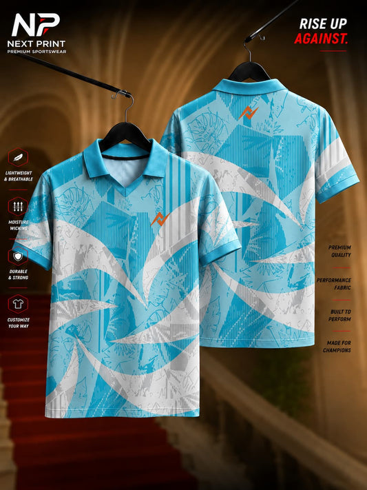 Next Print Arctic Wave Aqua Polo Collar V-Neck Dry-Fit Sports Jersey featuring flowing abstract wave graphics in aqua blue and white, front and back view
