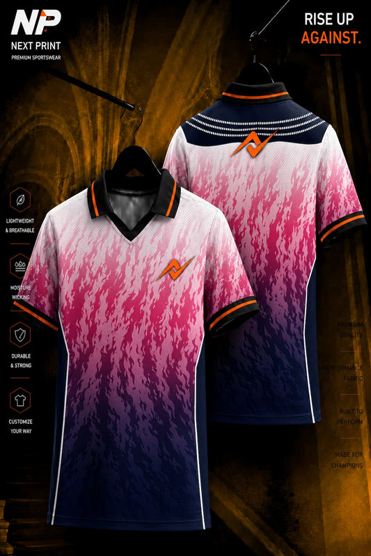White, pink, and navy blue gradient polo cricket jersey featuring abstract flame-inspired graphics with front and back views.
