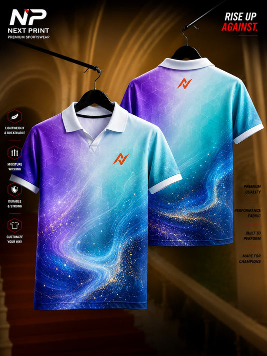 Next Print Aurora Fusion polo collar V-neck cricket jersey featuring aqua, royal blue, and violet gradient graphics with geometric texture shown from front and back.