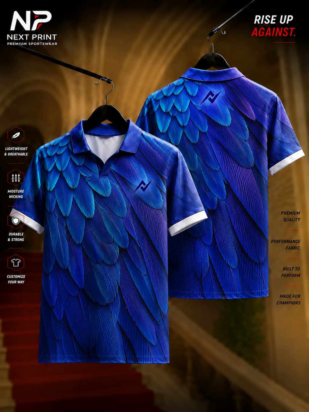 Blue feather pattern polo collar sports jersey featuring premium dry-fit fabric with front and back views by Next Print.
