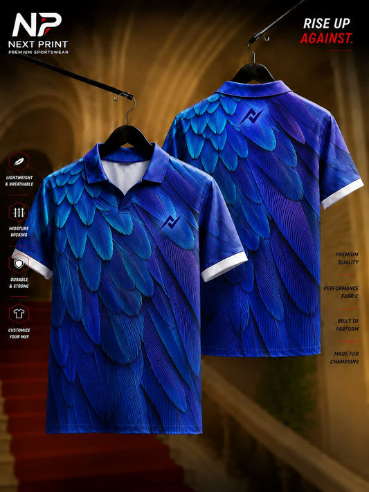 Blue feather pattern polo collar sports jersey featuring premium dry-fit fabric with front and back views by Next Print.
