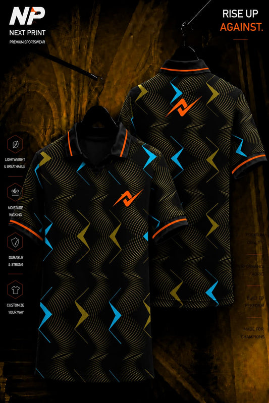 Next Print premium black gold geometric polo jersey front and back view with custom sportswear design