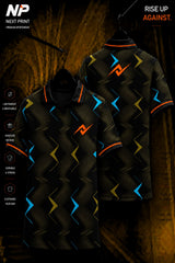 Next Print premium black gold geometric polo jersey front and back view with custom sportswear design