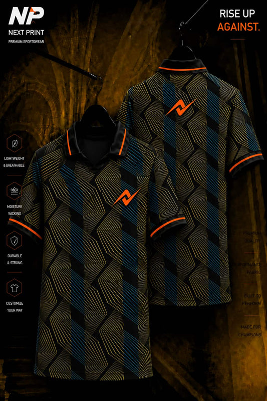Next Print premium black and gold geometric custom polo sports jersey front and back mockup