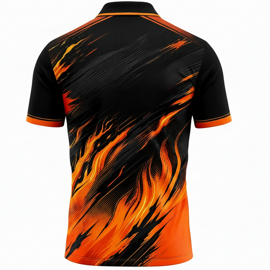 Next Print Black Orange Flame Cricket Jersey RCB Style – Custom Name & Number Sublimation Sports T-Shirt India