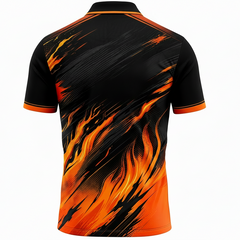 Next Print Black Orange Flame Cricket Jersey RCB Style – Custom Name & Number Sublimation Sports T-Shirt India