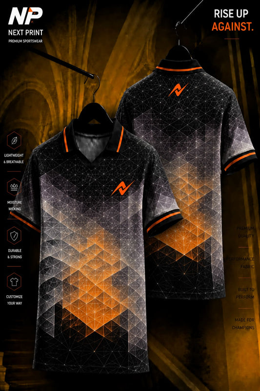 Black and orange geometric polo cricket jersey featuring a polygon gradient design with front and back views.