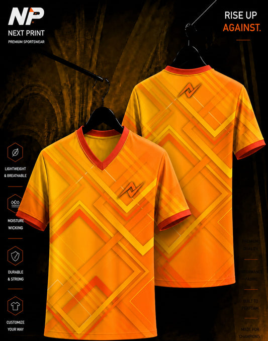 Next Print Blaze Grid orange and yellow geometric V-neck sublimation sports jersey front and back mockup