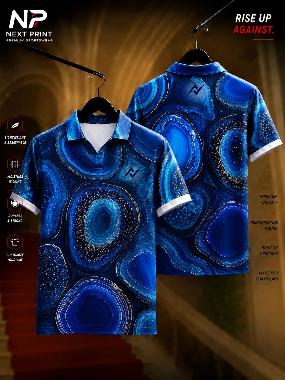 Blue agate gemstone pattern polo collar sports jersey in premium dry-fit fabric with front and back views by Next Print.