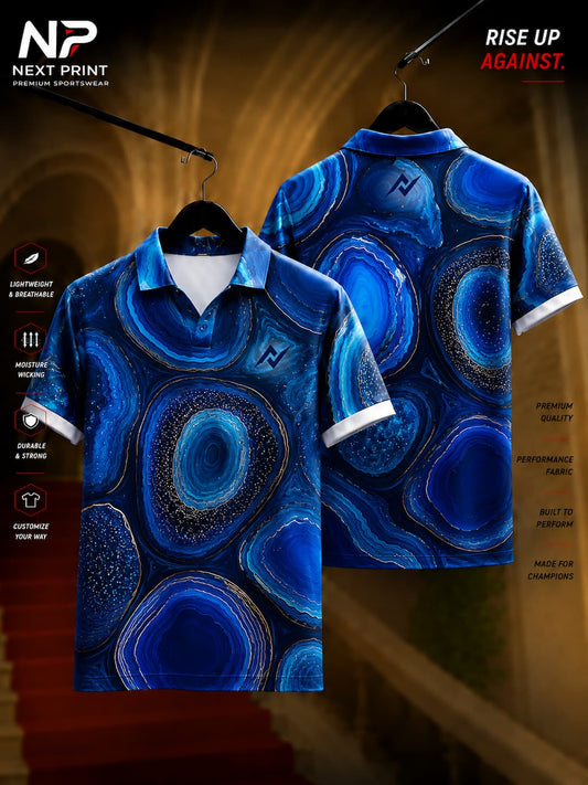 Blue agate gemstone pattern polo collar sports jersey in premium dry-fit fabric with front and back views by Next Print.