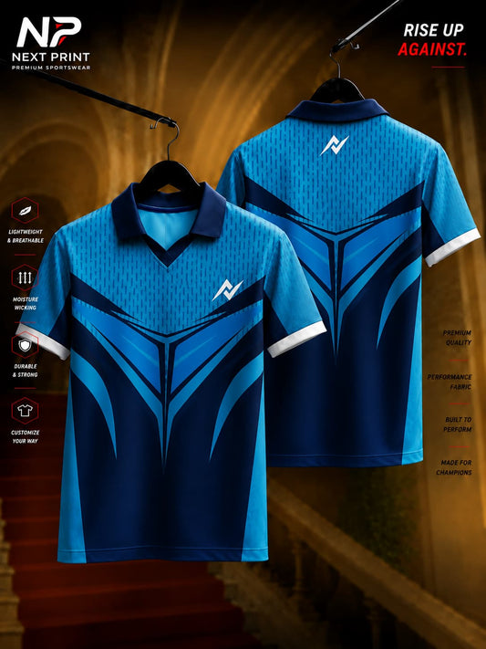 Blue performance polo cricket jersey with bold angular graphics and modern athletic design, front and back view.