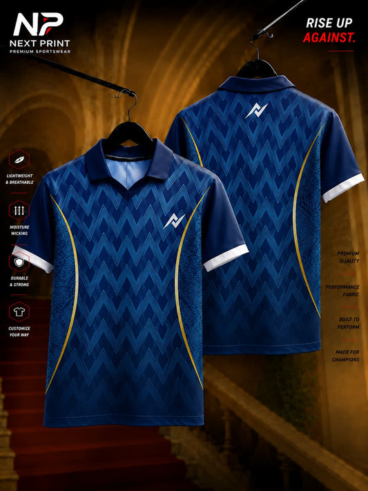 Navy blue chevron pattern polo cricket jersey with gold side accents and premium sublimation print, front and back view by Next Print.