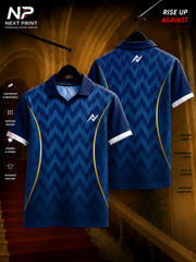 Navy blue chevron pattern polo cricket jersey with gold side accents and premium sublimation print, front and back view by Next Print.