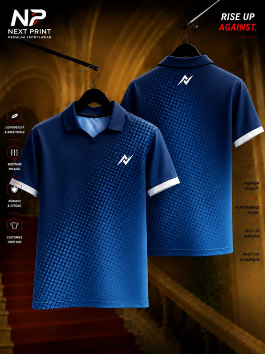 Blue dot matrix gradient polo cricket jersey with modern athletic design, front and back view by Next Print.
