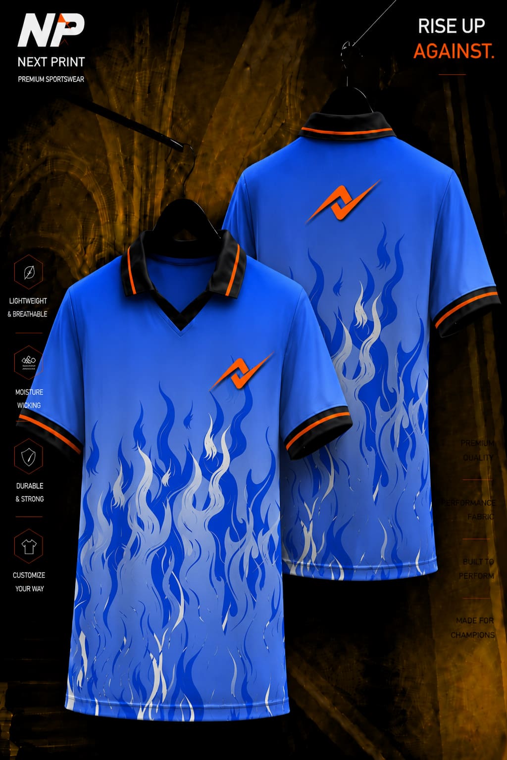 Next Print blue flame premium sublimation polo sports jersey front and back mockup with breathable performance fabric.