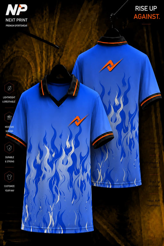 Next Print blue flame premium sublimation polo sports jersey front and back mockup with breathable performance fabric.