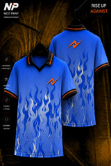 Next Print blue flame premium sublimation polo sports jersey front and back mockup with breathable performance fabric.