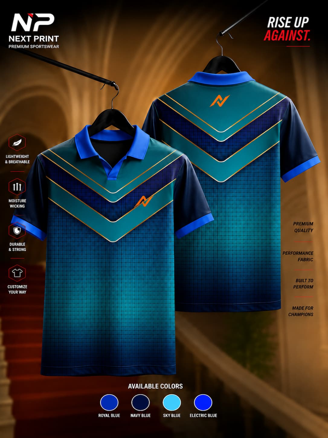 Next Print Blue Fusion Chevron Polo Collar Sports Jersey featuring a blue gradient design with layered chevron graphics, blue collar, and front and back views.